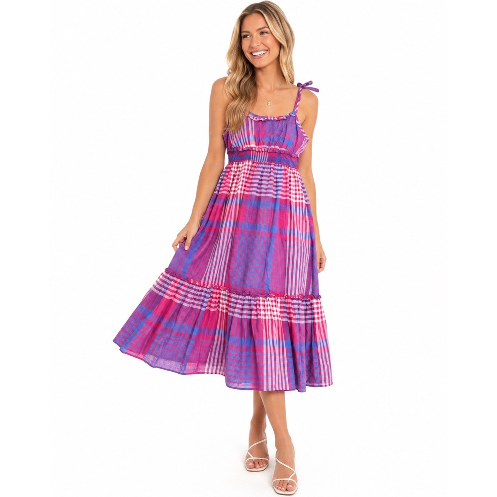Peak Performance Pink Blue Plaid Midi Sundress Womens S Smocked Sleeveless